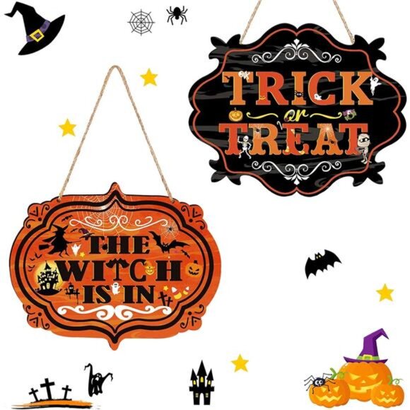 2 Pieces Halloween Wood Door Decorations Trick or Treat Hanging - Picture 1 of 8